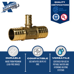 10 PIECES 1″ X 1″ X 1/2″ PEX TEE BRASS CRIMP FITTINGS – PEX B PIPE, LEAD FREE