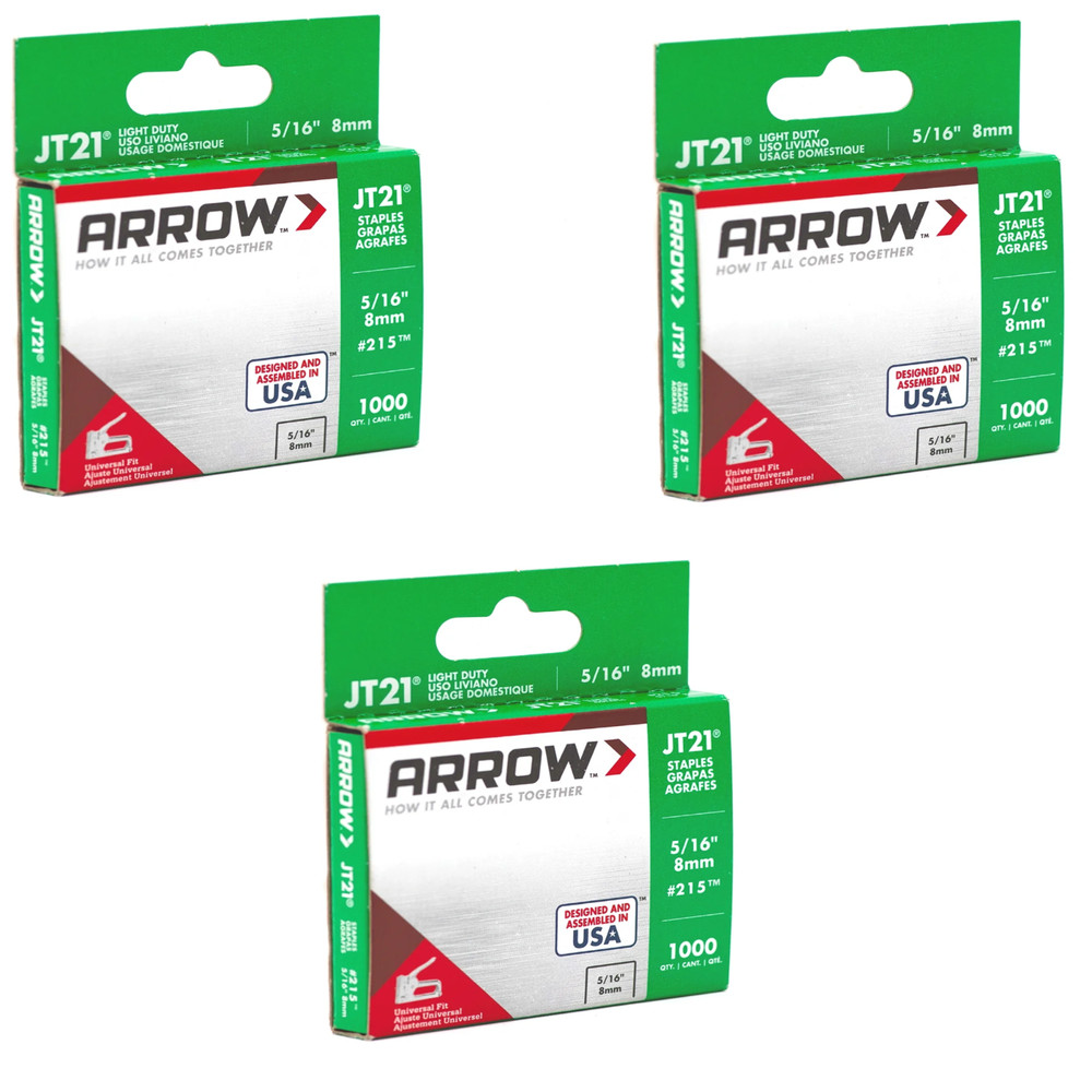 Arrow 215 JT21 Thin Wire Staples 5/16 in 8mm (3)1000-Packs