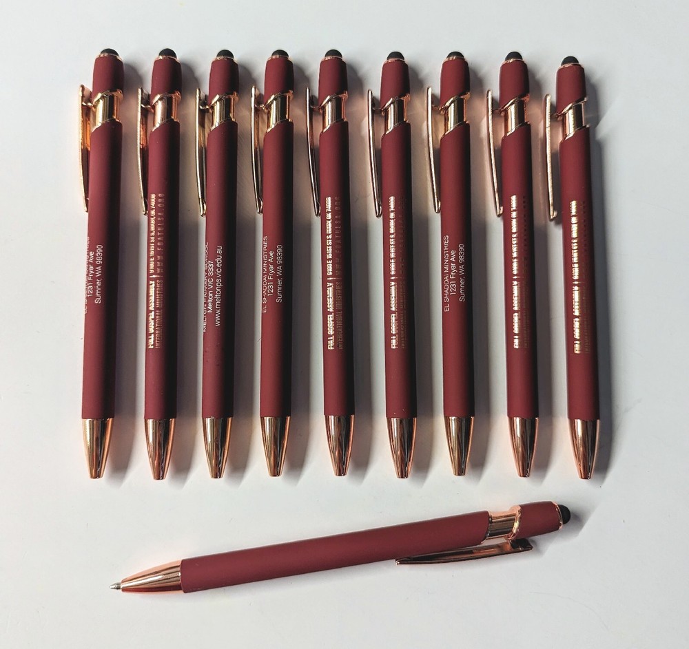 10ct Lot Misprint Metal Retractable Soft Touch Stylus Pens: MAROON/RED+Rose Gold