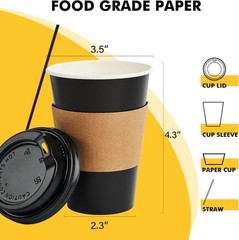 50 Pack 12 oz Coffee Cups with Lids, Black Disposable Coffee Cups with Lids,