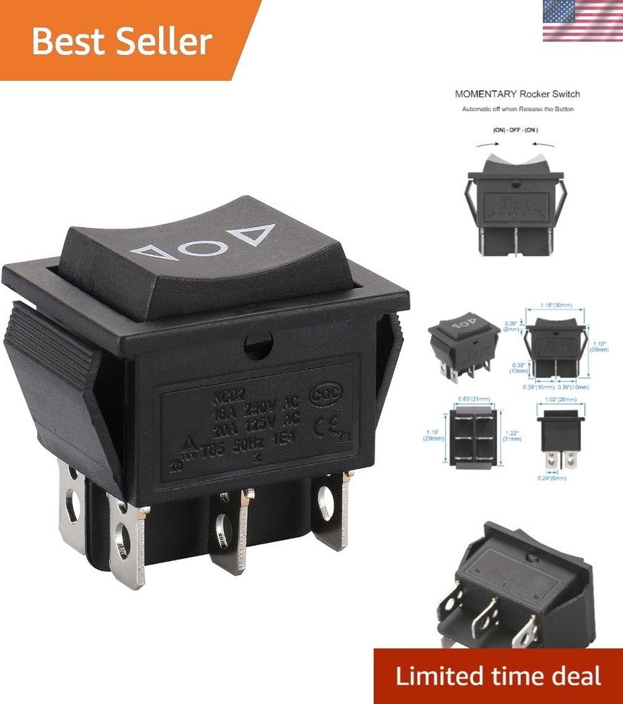 1-Pack Momentary Rocker Switch – Black, 16A, 250VAC, ON/Off/ON DPDT, Snap-in …