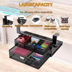 Black 15.7 In. X 6.3 In. Metal under Desk Storage Organizer with 2 Sliding Drawe