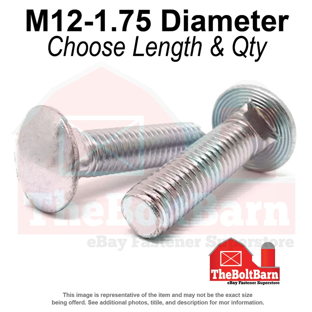 M12-1.75 Class 4.6 Round Head Carriage Bolt Zinc Clear (Choose Length & Qty)