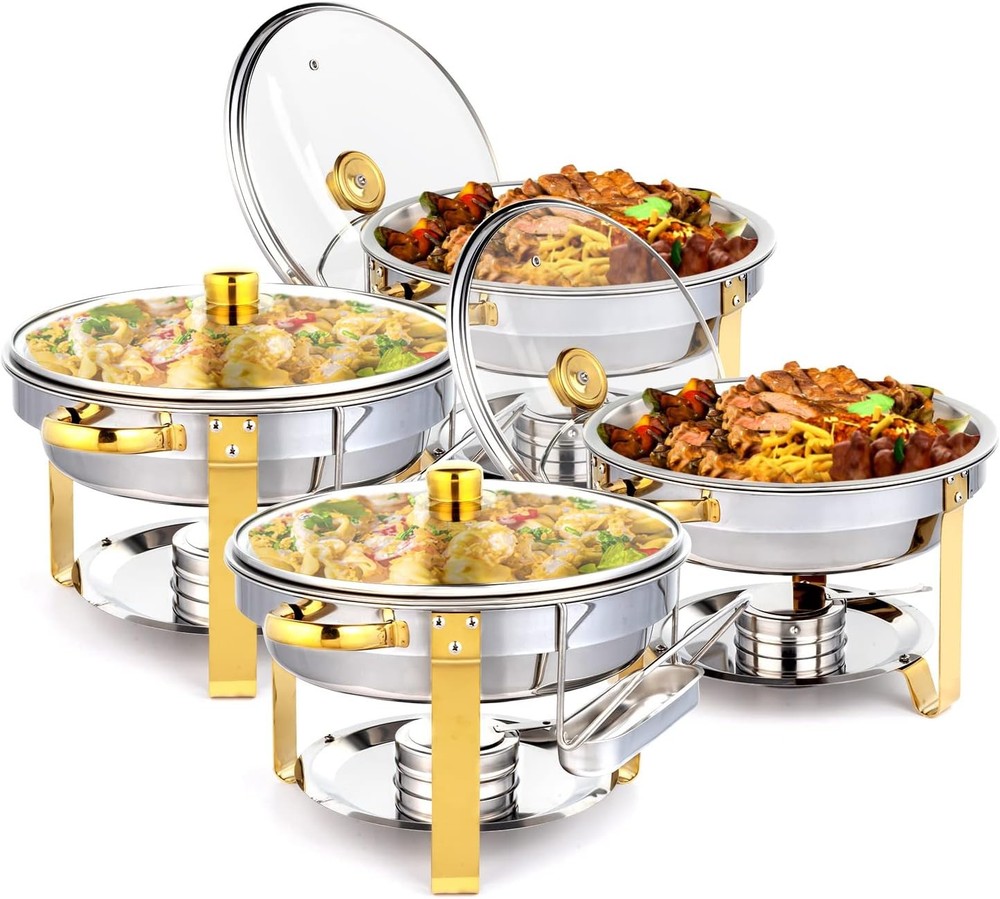 ROVSUN 4 Pack 5QT Gold Chafing Dish Buffet Set NSF Stainless w/ Glass Lid Holder