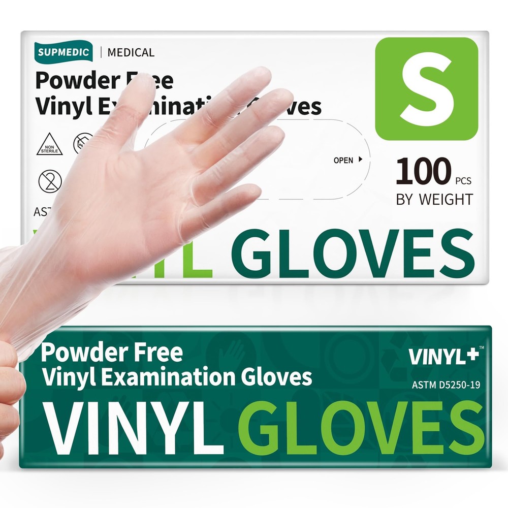 Supmedic Vinyl Disposable Exam Gloves, Clear 4 Mil Small, 100 Small (Clear)