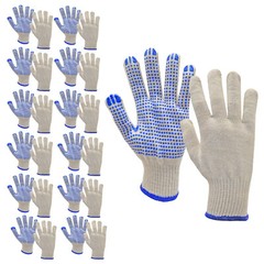 PVC-Dotted String Knit Gloves, Natural White/Blue, 12 Pairs