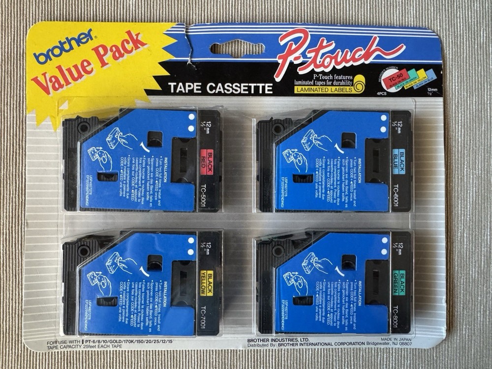 4 pack P Touch TC-50 Tape Black on Red or Yellow or Blue or Green 1/2″ x 25′ NEW
