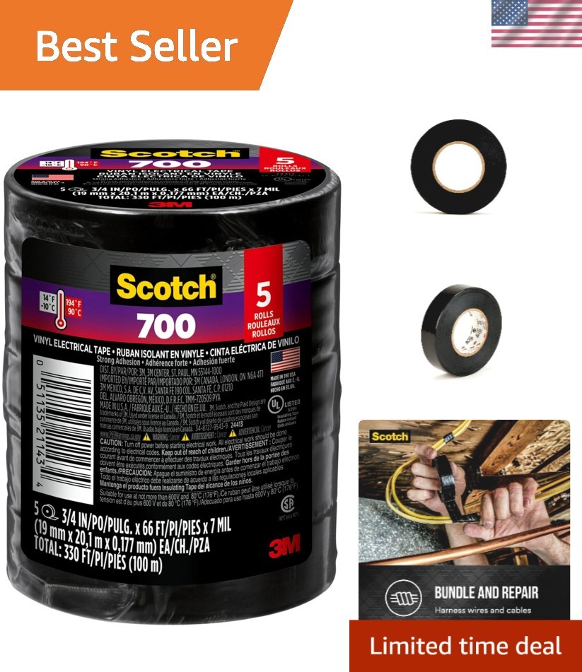 Vinyl 700 Electrical Tape, 5 Rolls, Black, 3/4-in x 66-ft, Commercial Grade