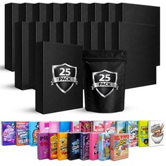 25 Pack 3.5g Mylar Bags with Matching Boxes Assorted Designs Foil Zip Pouches