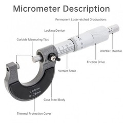 Premium 0-25 mm External Micrometer, 0.01mm Graduation & Carbide Measuring Tips