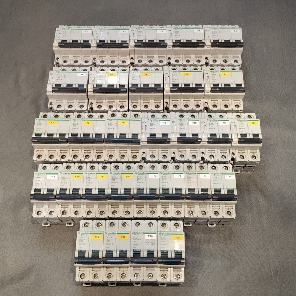 Lot of 29 Schneider Multi-9 Breakers C 60 – D20A, D10A, D25A, D2A, D6A, D4A, C2A