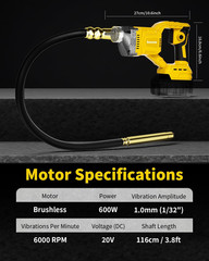 Cordless Concrete Vibrator Compatible with DeWalt 20V | 600W motor with 6000RPM