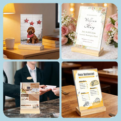 3 Pack 4″x6″ Acrylic Sign Holder with Wood Base, L/T Shape Vertical or Slant Bac