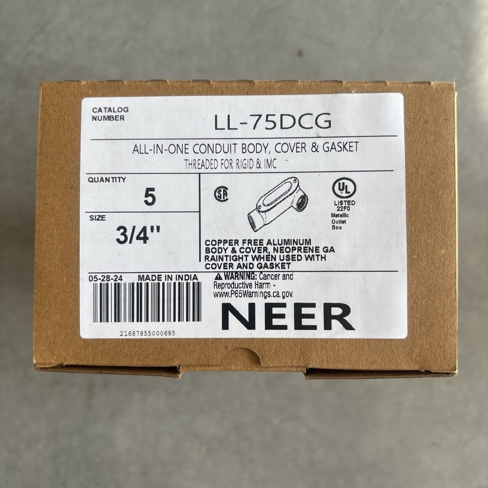 BOX OF 5 NEER LL-75DCG 3/4″ ALL-IN-ONE CONDUIT BODY WITH COVER & GASKET