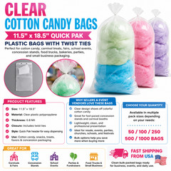Clear Cotton Candy Bags 11.5 x 18.5 Quick Pak Plastic Bags w/ Twist Ties Bulk