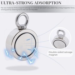 500lbs Double Sided Fishing Magnet Kit Pull Force Strong Neodymium+Rope+Gloves