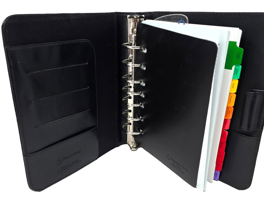 NWOT VTG 1999 Franklin Covey Black Classic Leather Open Binder Planner 7 Ring