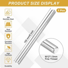 M12x1.5mm 150mm 304 Stainless Steel Fully Threaded Rod