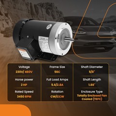 2HP Electric Motor Compressor Duty 56CFrame 3 Phase 5/8″ Shaft CW/CCW 3450 RPM