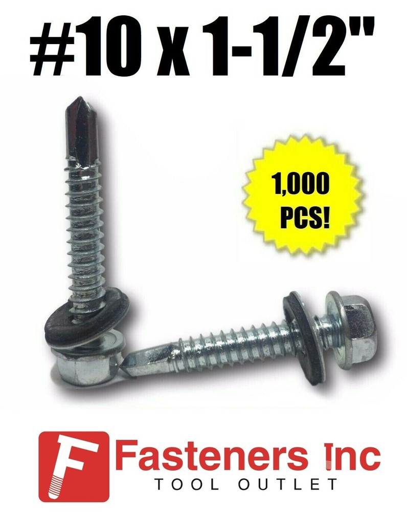 1000 Hex Rubber Washer Head #10 x 1-1/2″ Self-Drilling Roofing Siding Screw ZINC