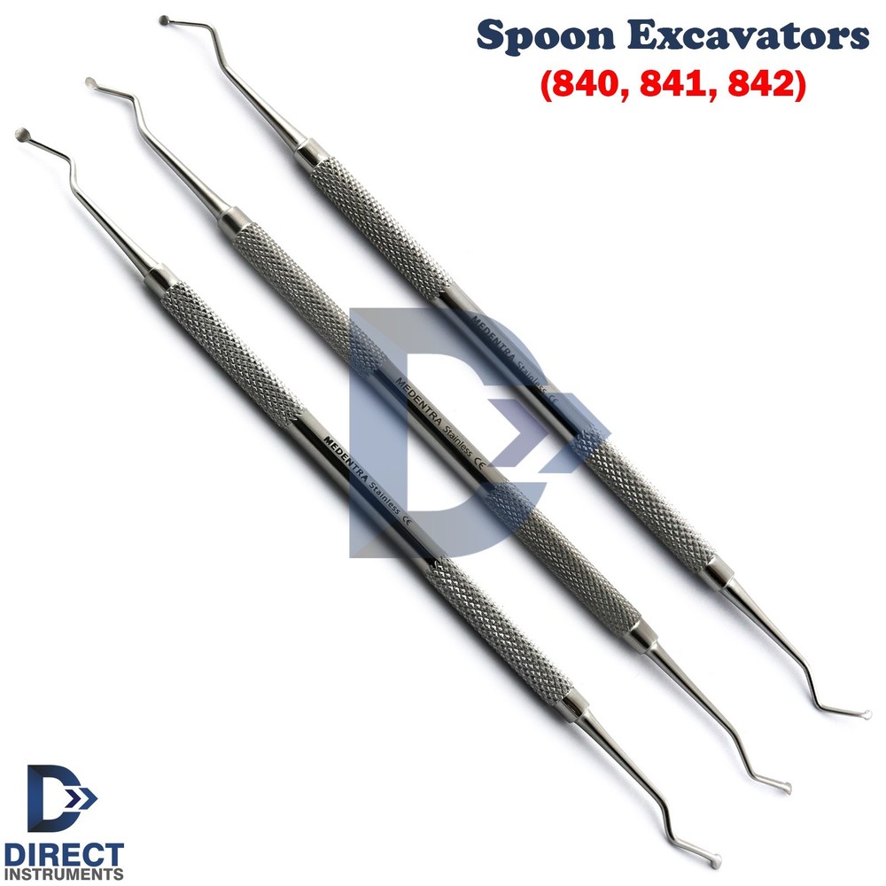 Set of 3 Dental Spoon Excavators Restorative Cavity Decay Removal Double Ended