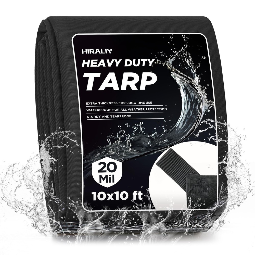 HIRALIY 20 Mil Heavy Duty Waterproof Tarp, 10x10ft Black Tarpaulin with Reinf…
