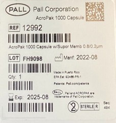 PALL AcroPak 1000 Capsules w/ Supor Membrane 0.8/0.2 µm PN# 12992 EXP 2025-08