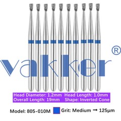 10pc Vakker Dental FG Diamond Burs for High Speed Inverted/ Double Inverted Cone