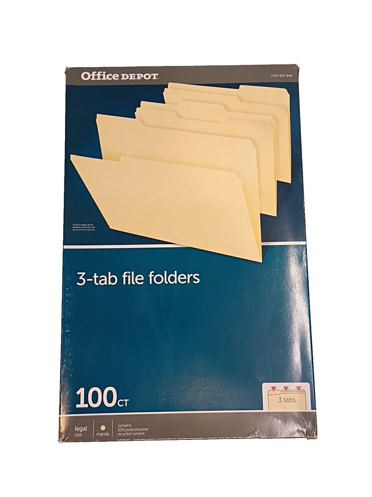 Office Depot 3-tab File Folders Legal Manila QTY: 100 810-846