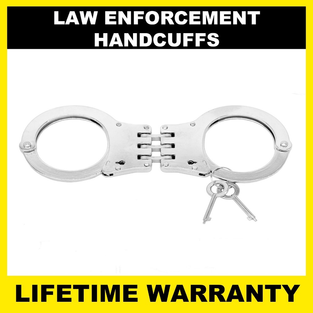 POLICE Handcuffs Professional Heavy Duty Metal Steel Hinged Double Lock – Silver