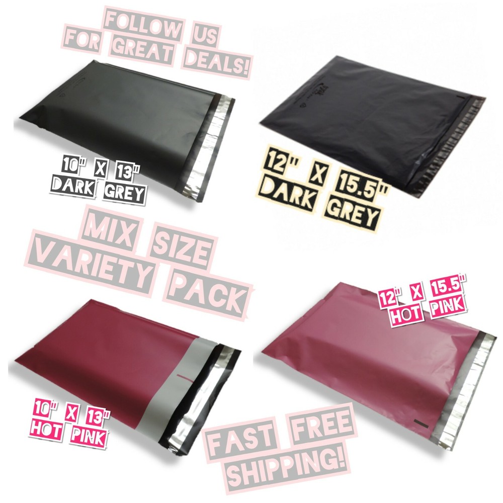 100 Poly Mailers Variety Pack (25 ea) 2 Mixed Sizes (10×13 & 12×15.5)