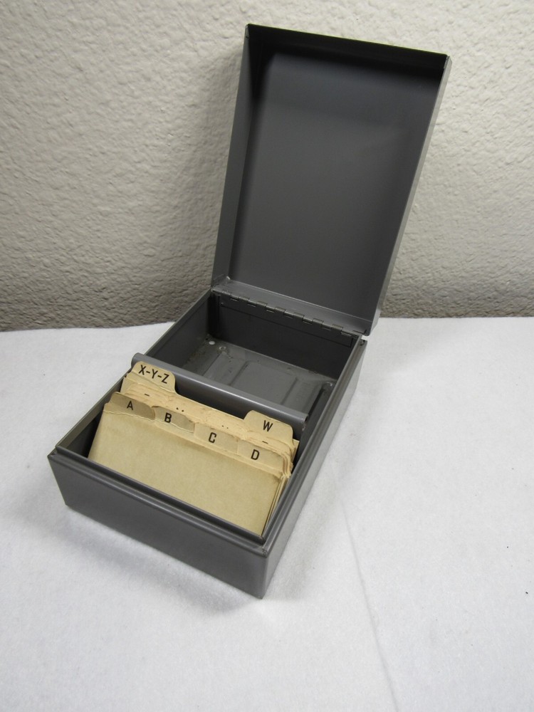 Vintage metal card file hinged top grey