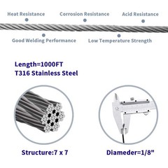 1000FT 1/8″ T316 Stainless Steel Cable, Wire Rope Aircraft Cable for Deck Cab…