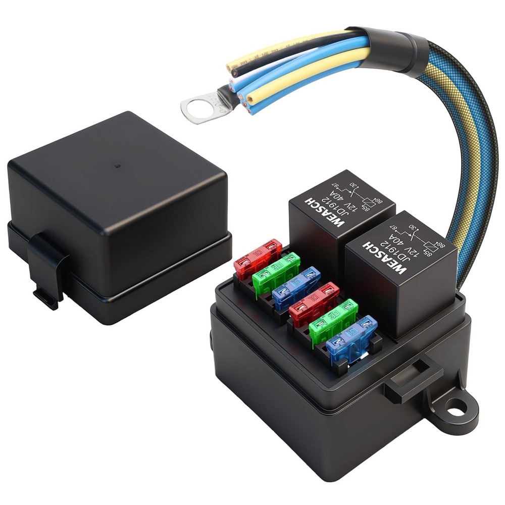 12V Pre-Wired Fuse Relay Box, 4-Pin 40A Relay Block and Kit, 2 Relays and 6 A…