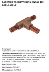 🔴nVent ERICO Cadweld TAC2Q1V Graphite Mold 4/0 to #2 Horizontal Tee NEW‼️