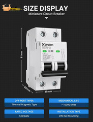 AC Miniature Circuit Breaker 2 Pole 50A (MCB),120V/240V 50/60Hz DIN Rail Mount