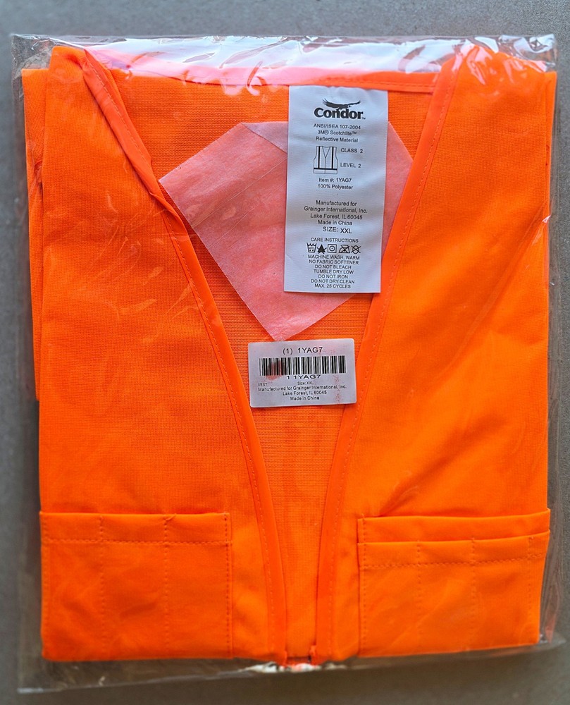 Condor High Visibility Class 2 Orange Vest Men’s 2XL Pockets & Zipper NEW