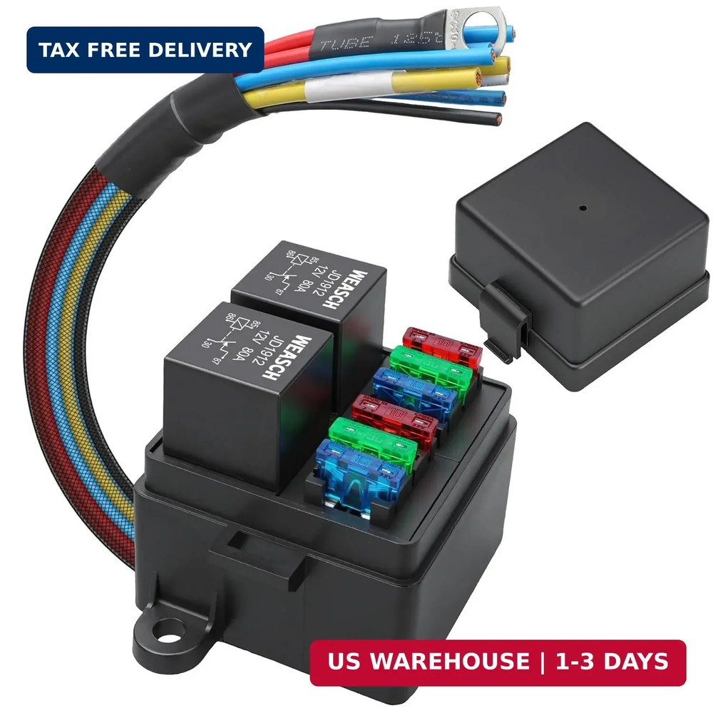 12V 6 Way Pre-Wired Fuse Relay Box Kit with Two 80A 4-Pin Relays | 6 ATC/ATO Slo