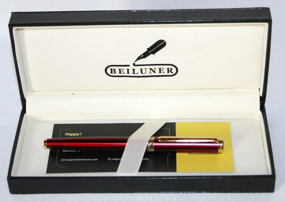 BEILUNER Red Lacquer Ball Point Pen With Gold Finish and Leather Case #17