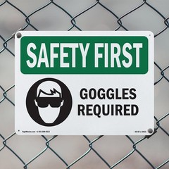 Goggles Required With Symbol OSHA SAFETY FIRST Sign Metal, Decal – 5 or 10 Pack