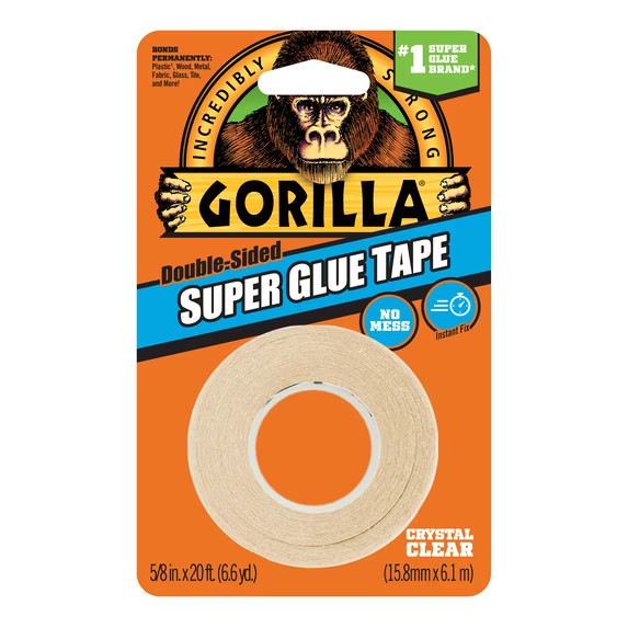 GORILLA 5/8″ x 20′ CRYSTAL CLEAR DOUBLE-SIDED SUPER GLUE TAPE