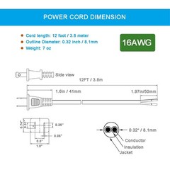12FT AC Power Cord 2 Prong 16 AWG Polarized Open End Wire 13A 1625W Replace O…