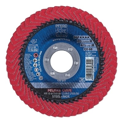 POLIFAN SGP CO-Curve Flap Wheel, 4-1/2 in x 7/8 in, 60 Grit, 13300 RPM Pferd