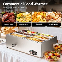 6-Pan 48Qt Commercial Food Warmer 1500W Steam Table Buffet Bain Marie Warmer