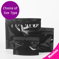 Many Sizes Glossy Black Foil Mylar Stand Up Zip Lock Pouch Bag w/ Tear Notches