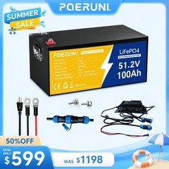 POERUNI 48V 100AH LiFePO4 Lithium Battery with 20A Charger Metal Case Golf Cart