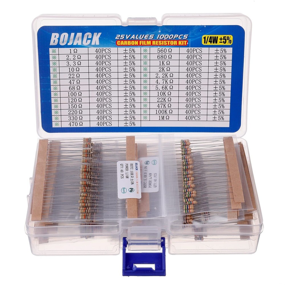 BOJACK 1000 Pcs 25 Values Resistor Kit 1 Ohm-1M Ohm with 5% 1/4W Carbon Film Res