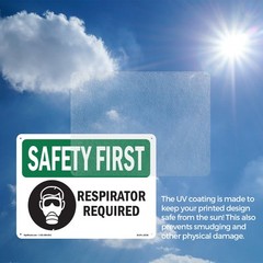 Respirator Required With Symbol OSHA SAFETY FIRST Sign Or Decal – 5 or 10 Pack