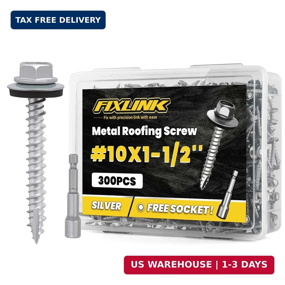 Metal Roofing Screws #10 x 1-1/2″, 300 PCS, FIXLINK RUSPERT Hex Head Rubber Wash