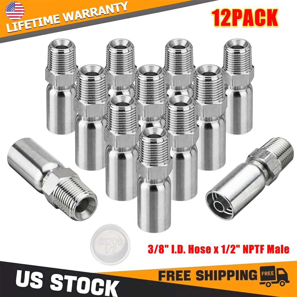 12Pack 1/2″ NPTF Hydraulic Hose Fittings 3/8″ Hose X 1/2″ NPTF Male w/ Cover New